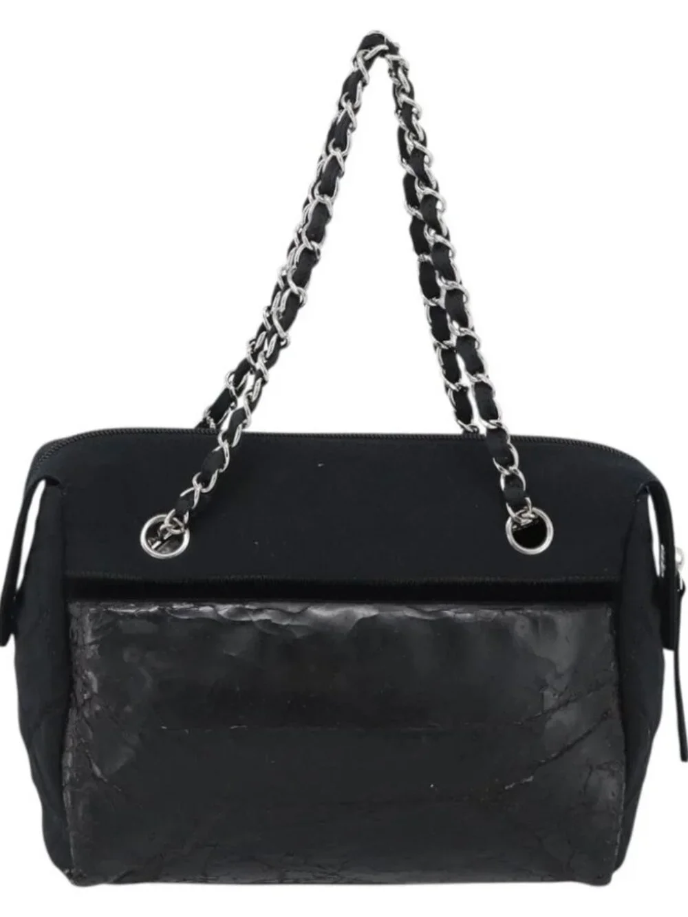 CHANEL Chain Shoulder Bag Canvas Black Silver CC Auth